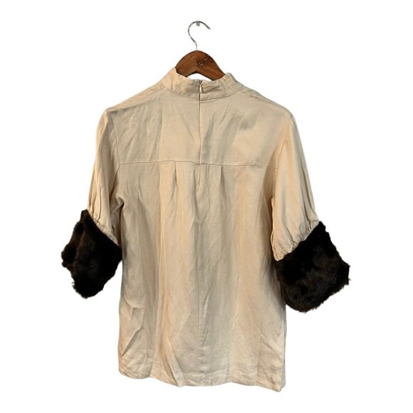 Zara Top Linen Blend Faux Fur Cuff High Neck Women's Size Small Old Money Mature - Picture 3 of 12